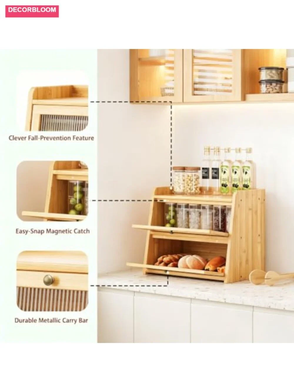 Double Layer Bamboo Bread Box with Window for Countertop